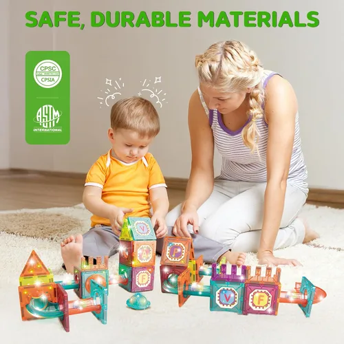 Vista 5 de Contixo Juguetes de construcción STEM – Juego de 65 piezas de azulejos magnéticos de mármol 3D para aprendizaje, apilables, juego de bloques