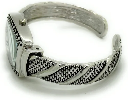 Vista 4 de Wincci Estuche rectangular para mujer con pequeños tachuelas, brazalete de metal, reloj analógico de cuarzo, esfera de nácar fácil de leer, números