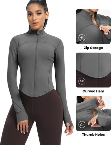 Vista 46 de AVGO Chaquetas de entrenamiento recortadas para mujer, con cremallera, ajustadas, atléticas, con agujeros para el pulgar