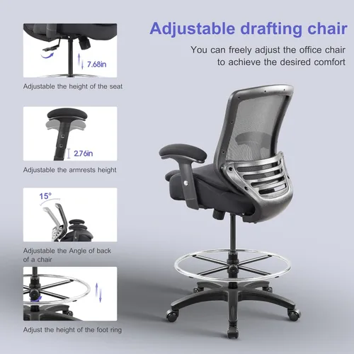 Vista 6 de Silla de redacción de malla para computadora, taburete de escritorio de pie con almohada de apoyo lumbar, reposabrazos ajustable en altura y anillo