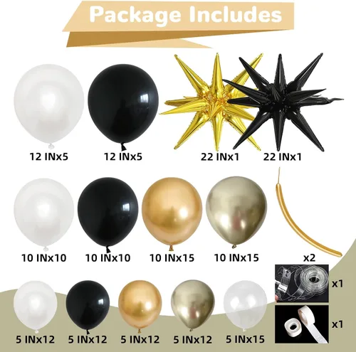 Vista 2 de Kit de arco de guirnalda de globos de Año Nuevo, globos de estrella de explosión negros y dorados, globos de estrella de explosión negra perla