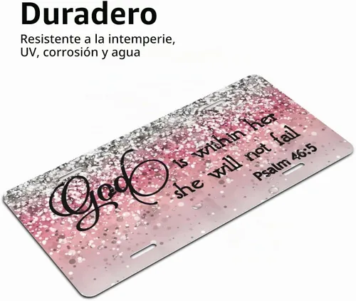Vista 3 de Placa de matrícula delantera personalizada de aluminio con versículo bíblico Salmo 46:5 "Dios está en ella, no fallará" con destellos rosa