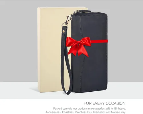 Vista 6 de Oak Leathers Cartera de cuero para mujer – Cartera Clutch RFID para mujer con 8 portadores de tarjetas de crédito, bolsillo para monedas, regalo