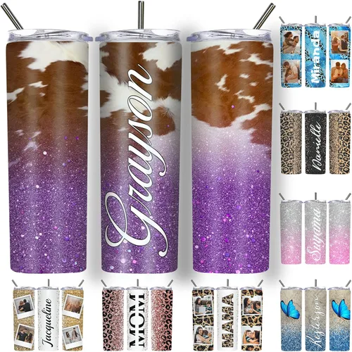 Vista 37 de Vaso delgado personalizado con purpurina con tapas y popotes, nombres, vasos de acero inoxidable personalizados con imagen para mujeres, hombres