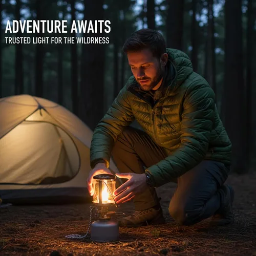 Vista 6 de Linterna de gas, linterna de gas de metal compacta para acampar con vidrio resistente al calor, lámpara de vela portátil para acampar y senderismo