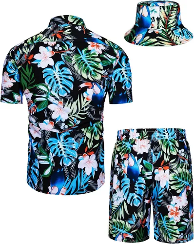 Vista 12 de TUNEVUSE Conjunto de camisas y pantalones cortos hawaianos para hombre, 2 piezas, trajes de playa con estampado de flores, traje tropical de verano