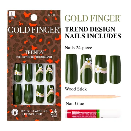 Vista 6 de Gold Finger - Kit de uñas postizas de cobertura completa con pegamento, diseño moderno, gel listo para usar, uñas medianas, largas y extralargas