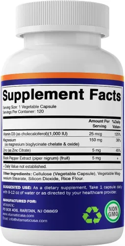 Vista 8 de Vitamatic Magnesio (de bisglicinato y óxido) con vitamina D3 y zinc - 120 cápsulas vegetales - Apoya la salud muscular, articulaciones, nervios