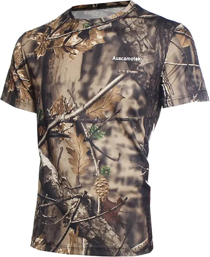 Vista 5 de AUSCAMOTEK Camiseta de camuflaje de manga corta con cuello redondo para cazar Marrón