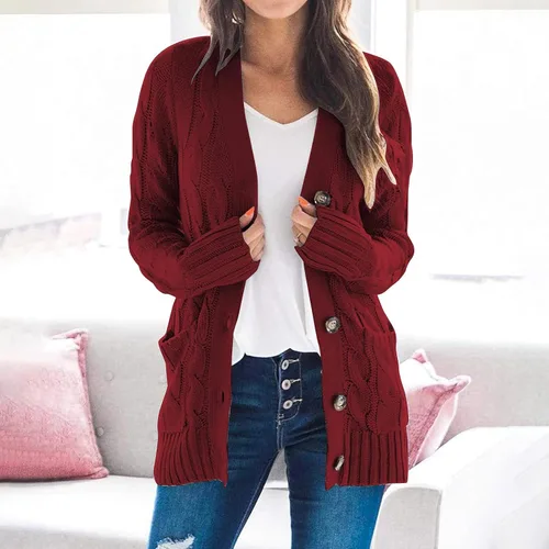 Vista 2 de Fragarn Suéteres de talla grande para mujer, cárdigan bohemio de retazos de manga larga con frente abierto, suéteres de punto con bolsillos