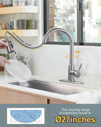 Vista 3 de WOWOW Grifo de cocina con rociador, grifo de fregadero de cocina, acero inoxidable SUS 304, grifo de cocina de níquel cepillado de arco alto