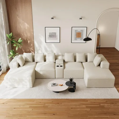 Vista 16 de Sofás seccionales en forma de U de gran tamaño de 131 pulgadas para sala de estar, cómodo sofá modular de pana esponjosa beige sin hueso, sofá