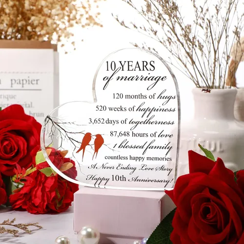 Vista 4 de Qunclay Regalo de 10 años de matrimonio Recuerdo de aniversario de boda Corazón Recuerdo de matrimonio Decoración Regalo para pareja padres mujeres