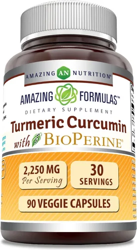 Vista 7 de Amazing Formulas Curcumina de cúrcuma con suplemento de bioperina, 2250 mg por porción, cápsulas vegetarianas, sin OMG, sin gluten, fabricado