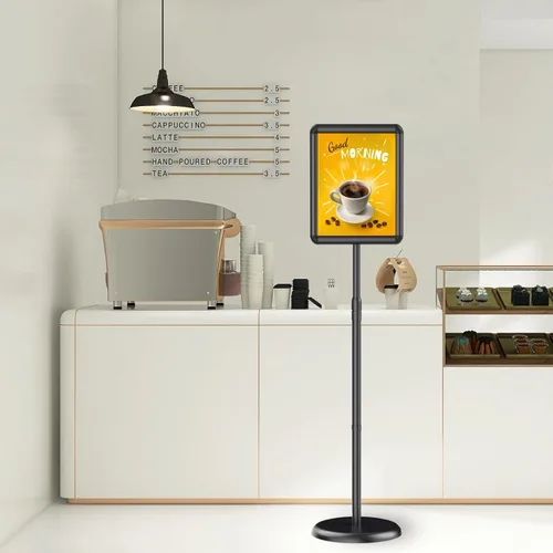 Vista 7 de Soporte de pedestal ajustable para cartel o pizarra de tiza de 8.5 x 11 pulgadas, marco abierto a presión, rotación de 360°, soportes para letreros
