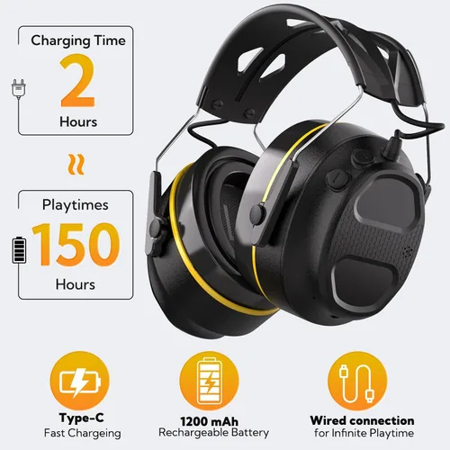Vista 5 de Gel Ear Pad Bluetooth Hearing Protection Headphones, 30dB SNR, 120H Playtime, Safety Earmuffs for Mowing, Landscaping