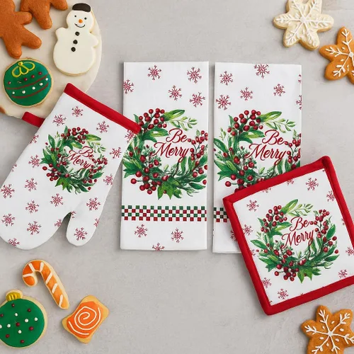 Vista 2 de Paños de Cocina y Agarraderas Navideños - Juego Alegre de Navidad de 4 Piezas 100% Algodón Verde Rojo Blanco - Dos (2) Paños de Cocina, Un (1)