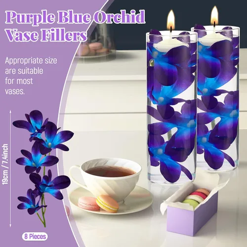 Vista 2 de Canlierr 8 piezas de flores artificiales de orquídeas artificiales de color azul y morado, rellenos de jarrón de mesa de boda, centros de mesa