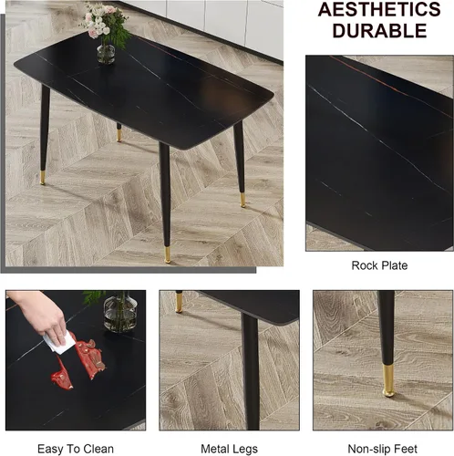 Vista 3 de Mesa de comedor de piedra sinterizada negra de 48.4 pulgadas, mesa de cocina rectangular minimalista con patas de metal negro, mesa de comedor