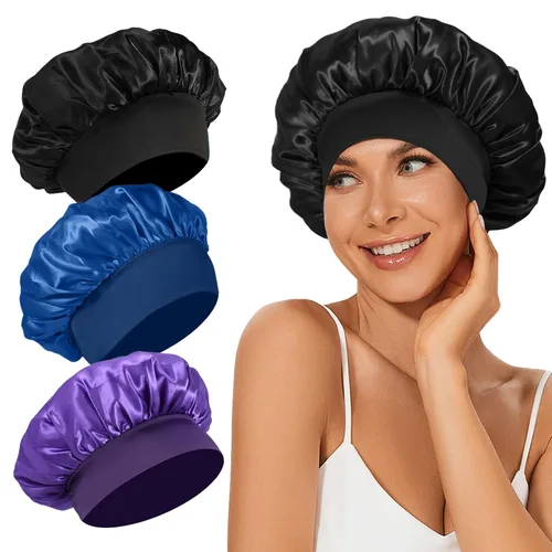Vista 15 de 4 piezas de gorro de satén de seda, gorro de cabello para dormir, gorro de seda elástica de banda ancha para dormir, suave y transpirable Gorra