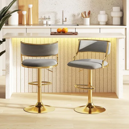 Vista 2 de COSTWAY Taburete giratorio moderno de altura ajustable, juego de 2, gris y dorado Velvet Upholstered Island Stools with Barrel Back & Footrest