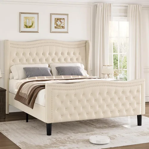 Vista 4 de Marco de Cama Full con Cabecera y Pie de Cama Altos, Marco de Cama Plataforma Tapizada en Terciopelo con Acolchado de Botones Profundos Tipo Beige