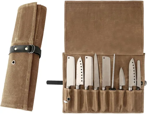 Vista 9 de Bolsa enrollable para cuchillos de chef, 9 bolsillos, funda de lona para cuchillos, cartera para cuchillos, protectores para cuchillos de chef