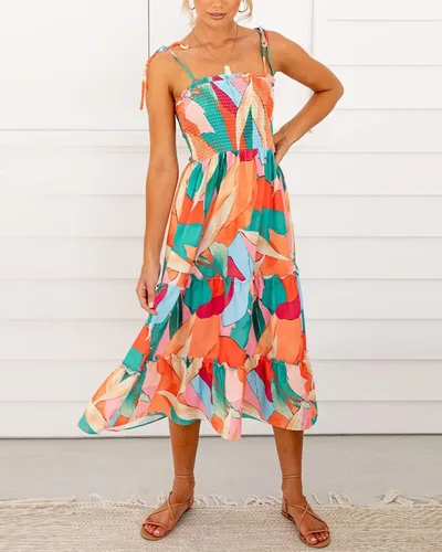Vista 2 de Fashionme Vestido midi floral bohemio de verano para mujer, elástico fruncido, busto fruncido, lazo en el hombro, correa esférica, escalonada