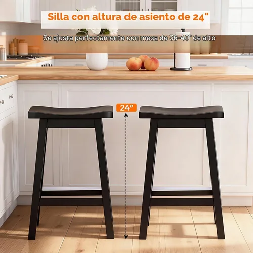 Vista 4 de Juego de 2 Taburetes de Bar PayLessHere, Taburetes de Silla de Montar de Madera de 24 Pulgadas de Altura, Sillas de Bar con Reposapiés