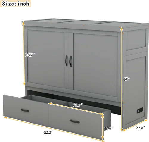 Vista 4 de Baúl móvil Murphy de tamaño Queen con módulo USB integrado de doble alimentación/USB, armario moderno y tradicional de madera maciza con cajón Gris-A
