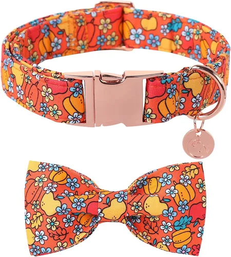 Vista 9 de DOGWONG - Collar de Acción de Gracias con Bellota y Flor para Perro, Collar de Perro de Pavo Otoñal, Collar de Calabaza de Algodón Suave y Duradero