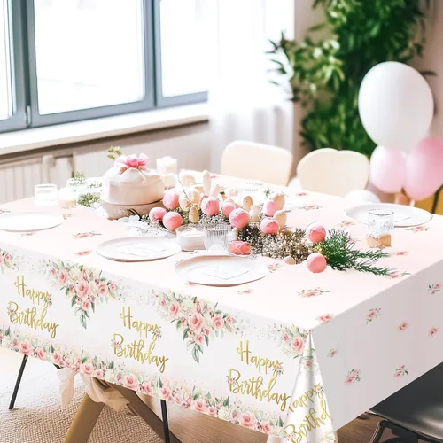Vista 6 de Avezano 3 piezas de decoración de fiesta de oro rosa, manteles florales de feliz cumpleaños para niñas y mujeres, suministros de fiesta