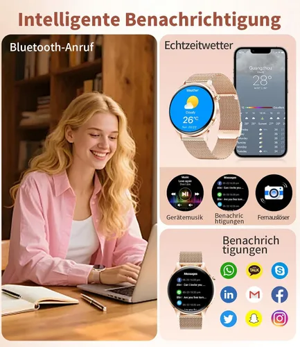 Vista 2 de SUNKTA Reloj inteligente para mujer, 0.311 in, ultrafino, 1.32 pulgadas, AMOLED, Bluetooth, llamada, rosa, elegante, para Android iOS, frecuencia