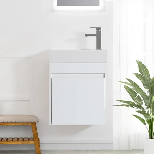 Vista 19 de Tocador de baño flotante de 12 pulgadas con fregadero, tocador de pared de 12 pulgadas, tocador de esquina, con 1 puerta y lavabo de cerámica