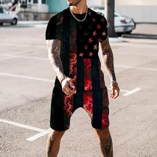 Vista 2 de Conjunto deportivo de verano para hombre, 2 piezas, con diseño de bandera americana, elegante, camiseta para el 4 de julio, pantalones cortos