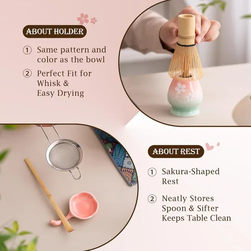 Vista 5 de Juego de batidor de matcha Cherry Blossom de 7 piezas con cuenco de matcha Cereza