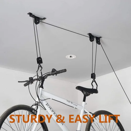 Vista 6 de Wallmaster Soporte de techo para bicicletas, elevador de bicicletas montado en el techo, sistema de polea para bicicletas para garaje, ganchos
