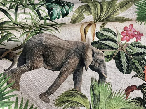Vista 8 de Safari Zoo - Tela con estampado digital de animales africanos, selva tropical, palmera, hoja de flores, aspecto de lino, 54 pulgadas de ancho