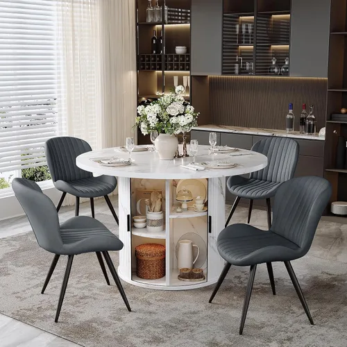 Vista 36 de Miereirl Juego de mesa y sillas de comedor moderno redondo, con una mesa de comedor de madera equipada con compartimentos de almacenamiento
