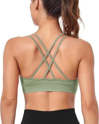 Vista 2 de VEQKING Brasier deportivo con espalda cruzada para mujer, brasier deportivo fruncido, soporte medio, brasier de yoga con relleno extraíble