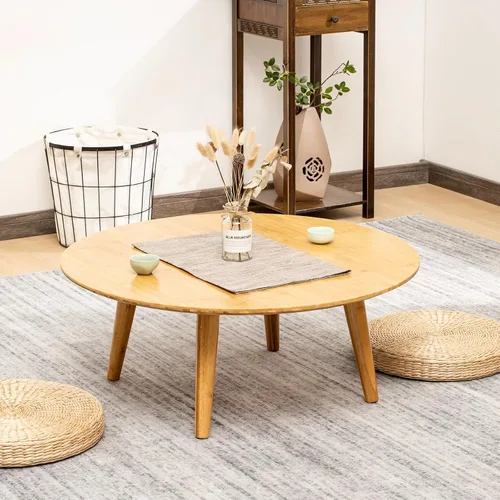 Vista 6 de Furlide Mesa de centro redonda de bambú, mesa de estilo japonés bajo para sala de estar, mesa de centro circular de mediados de siglo, mesas