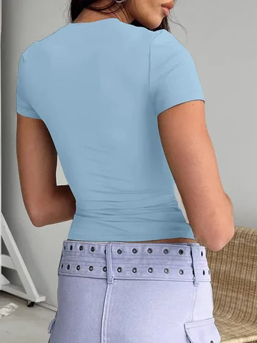 Vista 2 de Dwnval Camisetas básicas sexys para mujer, blusas de verano de manga corta con cuello redondo y ajuste entallado