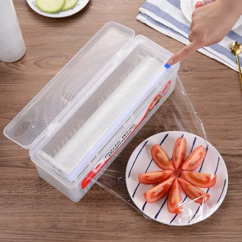 Vista 2 de Dispensador de plástico con cortador, dispensador de envoltura adhesiva con cortador deslizante para película de alimentos, papel de estaño, papel