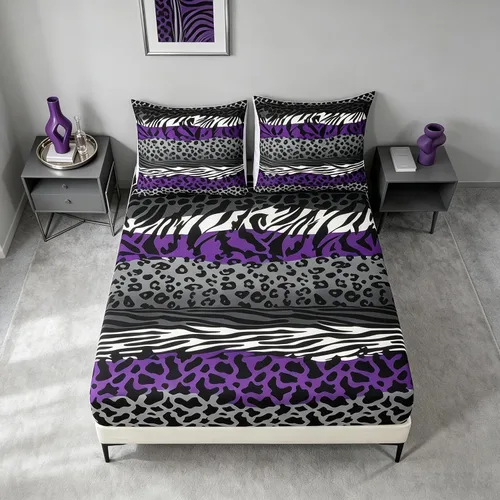Vista 9 de Sábana bajera ajustable con estampado de leopardo, tamaño individual, juego de ropa de cama rústica con rayas de piel de cebra, decoración