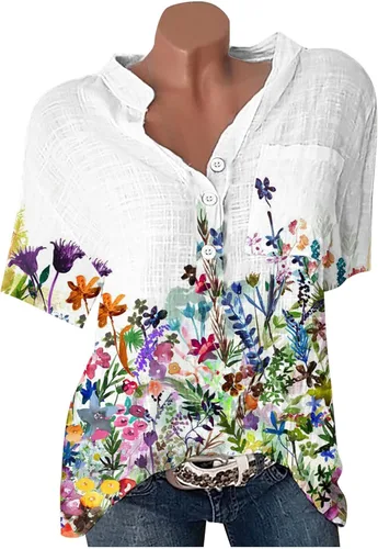 Vista 6 de SMIDOW Blusas de talla grande para mujer, estilo casual, de verano, de lino y algodón, estilo bohemio, estampado floral, con botones