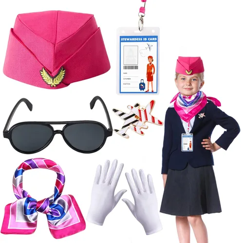 Vista 9 de Keymall Conjunto de accesorios de azafata de vuelo para niños, sombrero de azafata para niñas, disfraz de carrera, cosplay, disfraz de Halloween Azul