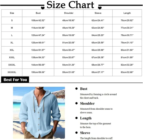 Vista 3 de Camisas de lino para hombre, casual, con botones, de verano, algodón, lino, con capucha, para playa, manga larga, con capucha