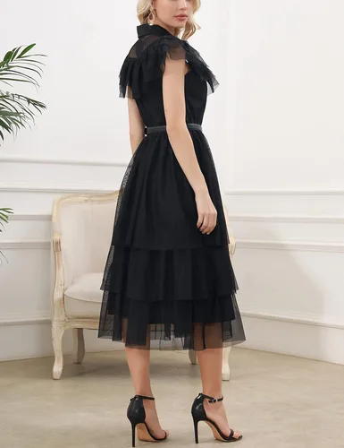 Vista 6 de Aphratti Vestido ajustado y acampanado para mujer, lindo vestido negro de bruja gótica con cuello de Peter Pan