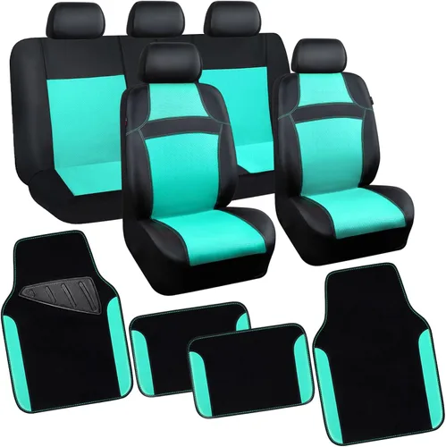 Vista 7 de CAR PASS Juego completo de fundas de asiento de automóvil de malla de aire 3D y 4 alfombrillas impermeables para piso de automóvil con esponja Gris