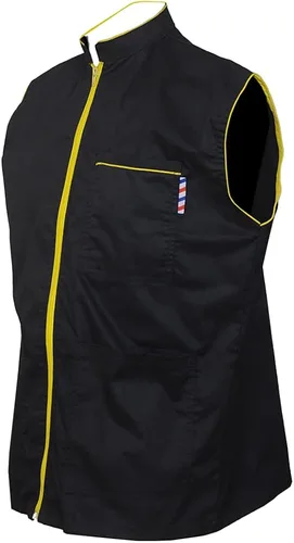 Vista 4 de Chaqueta profesional de peluquero para hombre, sin mangas, color negro, con 2 bolsillos para herramientas de peluquero y cremallera unidireccional